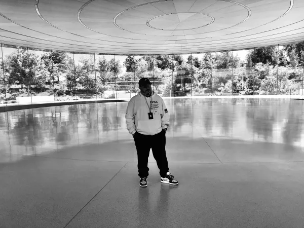 Me, Panzer, standing in the foyer of Steve Jobs Theater at Apple Park