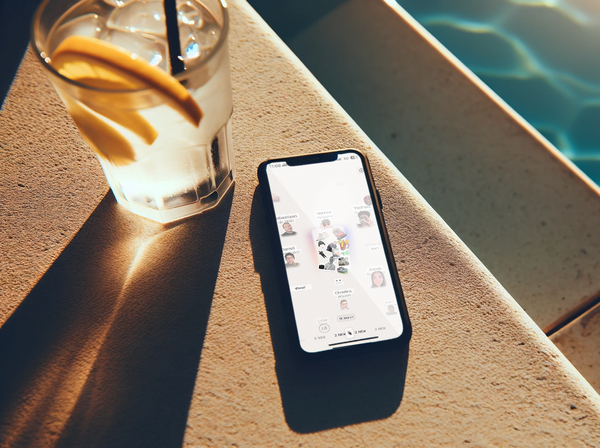 An image of a phone and drink next to a pool with an app on the screen.