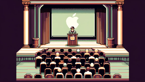 Pixel art illustration for an article about a speech Apple founder Steve Jobs gave in Aspen in 1983
